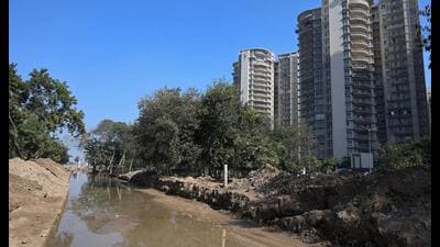 Work on the Dwarka Expressway service road was stopped due to encroachments in Sector 105 near Bajghera village. (HT PHOTO)