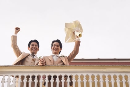 Thai actors Apiwat ‘Porsch’ Apiwatsayree (L) and Sappanyoo ‘Arm’ Panatkool wave after registering their same-sex marriage at the Phra Nakhon district office in Bangkok Thai actors Apiwat ‘Porsch’ Apiwatsayree (L) and Sappanyoo ‘Arm’ Panatkool wave after registering their same-sex marriage at the Phra Nakhon district office in Bangkok