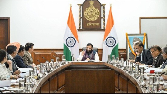 Chief minister Nayab Singh Saini presiding over a cabinet meeting in Chandigarh on Thursday. (sourced)