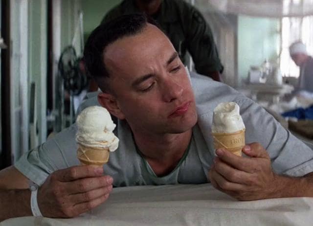 In an emotional scene in Forrest Gump, an iron keeps switching positions, distracting viewers. In an emotional scene in Forrest Gump, an iron keeps switching positions, distracting viewers.