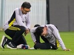Abhishek Sharma twisted his ankle during training at the MA Chidambaram Stadium in Chennai. He is now doubtful for the 2nd T20I against England. (PTI Photo/R Senthilkumar) (PTI01_24_2025_000399B)(PTI)
