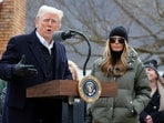 President Donald Trump, along side first lady Melania Trump, speaks as he meets with homeowners affected by Hurricane Helene in Swannanoa, N.C., Friday, Jan. 24, 2025. (AP Photo/Mark Schiefelbein)