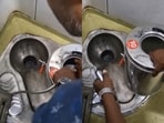 A video showing a man cleaning a tea container using a train toilet’s jet spray has gone viral. A video showing a man cleaning a tea container using a train toilet’s jet spray has gone viral.