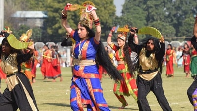  Students perform cultural dance during the full dress rehearsal of 76th Republic Day celebration in Tau Devi Lal Stadium at sector-38 near Rajiv Chowk, in Gurugram, India. (Parveen Kumar/Hindustan Times) Students perform cultural dance during the full dress rehearsal of 76th Republic Day celebration in Tau Devi Lal Stadium at sector-38 near Rajiv Chowk, in Gurugram, India. (Parveen Kumar/Hindustan Times)