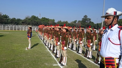 Deputy Commissioner Ajay Kumar inspecting the parade during the full dress rehearsal of 76th Republic Day celebration in Tau Devi Lal Stadium at sector-38 near Rajiv Chowk, in Gurugram. (Parveen Kumar/Hindustan Times) Deputy Commissioner Ajay Kumar inspecting the parade during the full dress rehearsal of 76th Republic Day celebration in Tau Devi Lal Stadium at sector-38 near Rajiv Chowk, in Gurugram. (Parveen Kumar/Hindustan Times)