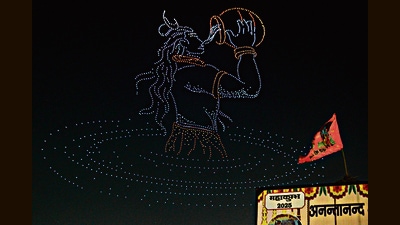 Drone show at Sangam during the ongoing Mahakumbh Mela, in Prayagraj on Friday. (PTI) Drone show at Sangam during the ongoing Mahakumbh Mela, in Prayagraj on Friday. (PTI)