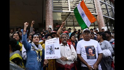 Kolkata, India - Jan. 20, 2025: Social activists protest outside the Civil and Criminal Court, Sealdah as court convicts accused Sanjay Roy (not in picture) to life in prison over rape-murder of on-duty PGT doctor at RG Kar Hospital in Kolkata, India, on Monday, January 20, 2025. (Photo by Samir Jana/ Hindustan Times) (Hindustan Times) Kolkata, India - Jan. 20, 2025: Social activists protest outside the Civil and Criminal Court, Sealdah as court convicts accused Sanjay Roy (not in picture) to life in prison over rape-murder of on-duty PGT doctor at RG Kar Hospital in Kolkata, India, on Monday, January 20, 2025. (Photo by Samir Jana/ Hindustan Times) (Hindustan Times)