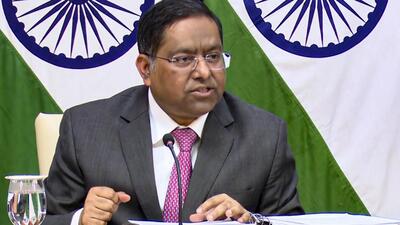 Ministry of external affairs official spokesperson Randhir Jaiswal addresses a press conference in New Delhi on Jan 24. (PTI) Ministry of external affairs official spokesperson Randhir Jaiswal addresses a press conference in New Delhi on Jan 24. (PTI)