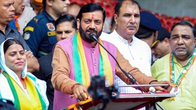 Haryana assembly election: CM Nayab Singh Saini during the nomination filing rally of BJP candidate Renu Dabla, in Kalanaur, Rohtak, (PTI)
