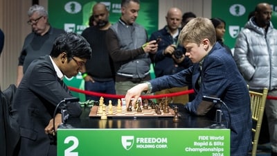 GM Volodar Murzin (R) during a match with R Praggnanandhaa at FIDE World Rapid Chess Championship 2024. (PTI) GM Volodar Murzin (R) during a match with R Praggnanandhaa at FIDE World Rapid Chess Championship 2024. (PTI)