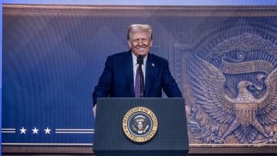 US President Donald Trump is seen on a large screen during his address by video conference at the World Economic Forum (WEF) annual meeting in Davos. (AFP) US President Donald Trump is seen on a large screen during his address by video conference at the World Economic Forum (WEF) annual meeting in Davos. (AFP)