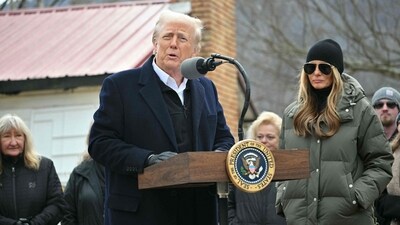 US President Donald Trump speaks while visiting a neighborhood affected by Hurricane Helene in Swannanoa, North Carolina, on January 24, 2025. (AFP) US President Donald Trump speaks while visiting a neighborhood affected by Hurricane Helene in Swannanoa, North Carolina, on January 24, 2025. (AFP)