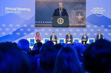 US President Donald Trump is seen on a giant screen during his address by video conference at the World Economic Forum (WEF) annual meeting in Davos on January 23, 2025. (AFP) US President Donald Trump is seen on a giant screen during his address by video conference at the World Economic Forum (WEF) annual meeting in Davos on January 23, 2025. (AFP)