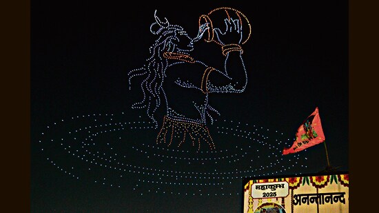 Drone show at Sangam during the ongoing Mahakumbh Mela, in Prayagraj on Friday. (PTI)