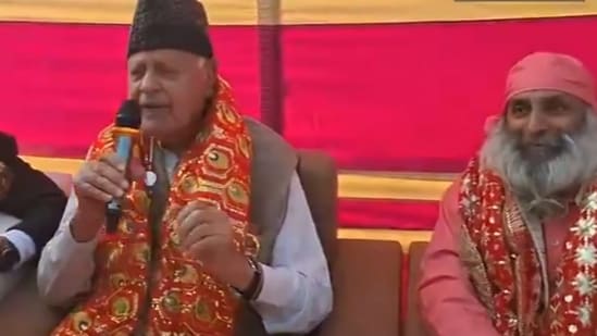 Farooq Abdullah singing a Hindi bhajan in Katra on Thursday. (ANI)