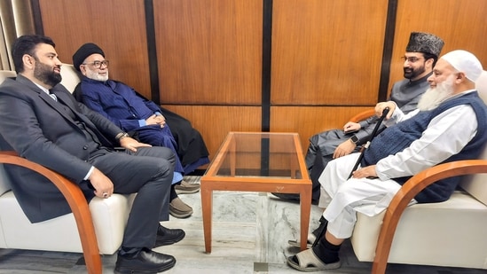 A delegation led by Mirwaiz Umar Farooq, the religious head of Kashmir, at Parliament Annexe, in New Delhi, Friday, Jan. 24, 2025. Farooq appeared before the parliamentary panel on Waqf Amendment Bill on Friday. (PTI)