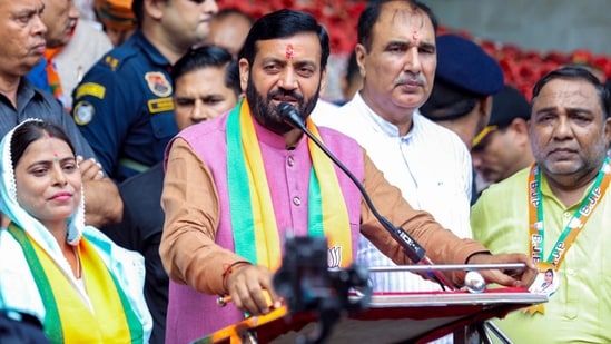 Haryana assembly election: CM Nayab Singh Saini during the nomination filing rally of BJP candidate Renu Dabla, in Kalanaur, Rohtak, (PTI)