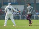 Rohit Sharma being greeted by a pitch invader on the third day of Ranji trophy Rohit Sharma being greeted by a pitch invader on the third day of Ranji trophy