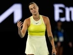 Aryna Sabalenka reacts during the final against Madison Keys.