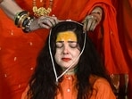 Former actor Mamta Kulkarni being consecrated as a Mahamandaleshwar of the Kinnar Akhada during the ongoing Maha Kumbh Mela 2025, in Prayagraj, Friday. Former actor Mamta Kulkarni being consecrated as a Mahamandaleshwar of the Kinnar Akhada during the ongoing Maha Kumbh Mela 2025, in Prayagraj, Friday.