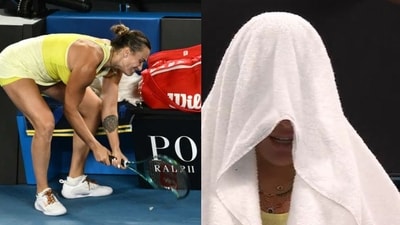Aryna Sabalenka reacts after her defeat vs Madison Keys. Aryna Sabalenka reacts after her defeat vs Madison Keys.