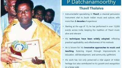 P Datchanamoorthy is a celebrated Thavil player from Puducherry and has been performing pan India for fifty years. P Datchanamoorthy is a celebrated Thavil player from Puducherry and has been performing pan India for fifty years. 