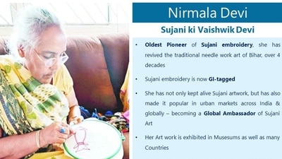 Nirmala Devi is a global ambassador of Sujani embroidery from Muzzafarpur. She is credited with reviving the art form. Nirmala Devi is a global ambassador of Sujani embroidery from Muzzafarpur. She is credited with reviving the art form. 