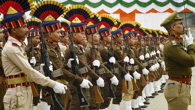 A contingent of Assam Police marches past during full dress rehearsal for the Republic Day Parade 2025, in Guwahati, on Friday. (PTI) A contingent of Assam Police marches past during full dress rehearsal for the Republic Day Parade 2025, in Guwahati, on Friday. (PTI)
