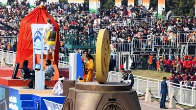 Department of Financial Services's tableaux during full dress rehearsal for Republic Day parade 2025, at Kartavya Path in New Delhi on Thursday. (Rahul Singh/ANI) Department of Financial Services's tableaux during full dress rehearsal for Republic Day parade 2025, at Kartavya Path in New Delhi on Thursday. (Rahul Singh/ANI)