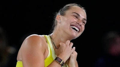 Aryna Sabalenka of Belarus celebrates after defeating Paula Badosa of Spain in their semifinal match at the Australian Open tennis championship in Melbourne, Australia, Thursday, Jan. 23, 2025. (AP Photo/Manish Swarup) (AP) Aryna Sabalenka of Belarus celebrates after defeating Paula Badosa of Spain in their semifinal match at the Australian Open tennis championship in Melbourne, Australia, Thursday, Jan. 23, 2025. (AP Photo/Manish Swarup) (AP)