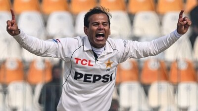 Pakistan's Noman Ali celebrates after taking the wicket of West Indies' Justin Greaves (AFP) Pakistan's Noman Ali celebrates after taking the wicket of West Indies' Justin Greaves (AFP)