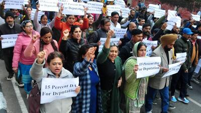 Government teachers on deputation during a protest in Chandigarh on Friday. (HT Photo) Government teachers on deputation during a protest in Chandigarh on Friday. (HT Photo)