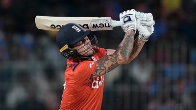 Brydon Carse played a crucial hand towards the end of the innings, smashing 31 runs in 17 balls. England managed to put up a score of 165/9 at the end of their innings. (AP) Brydon Carse played a crucial hand towards the end of the innings, smashing 31 runs in 17 balls. England managed to put up a score of 165/9 at the end of their innings. (AP)