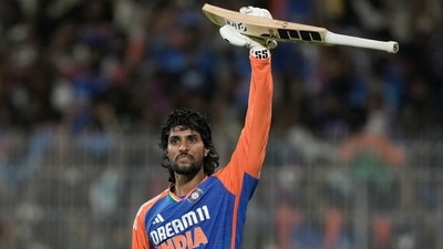 Tilak finished the chase off with a drive through to off side to send the ball to the boundary. He was player of the match, finishing unbeaten on 72 off 55 and India have taken a 2-0 lead in the five-match series. (AP) Tilak finished the chase off with a drive through to off side to send the ball to the boundary. He was player of the match, finishing unbeaten on 72 off 55 and India have taken a 2-0 lead in the five-match series. (AP)