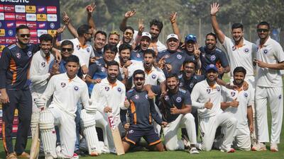 Jammu and Kashmir’s players celebrate after beating Mumbai, in Mumbai on Saturday. (PTI) Jammu and Kashmir’s players celebrate after beating Mumbai, in Mumbai on Saturday. (PTI)