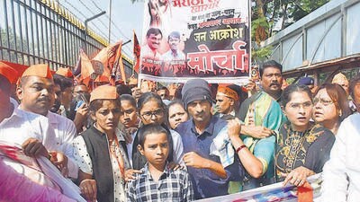Mumbai, India – 25, Jan 2025: Family of late Santosh Deshmukh and Members from Maratha Kranti Morcha participate in a demonstration named ‘Jan Akrosh Morcha’ demanding justice in the Santosh Deshmukh and Somnath Suryawanshi murder cases, at Azad maidan, in Mumbai, India, on Saturday, Jan 25, 2025. (Photo by Bhushan Koyande/HT Photo)