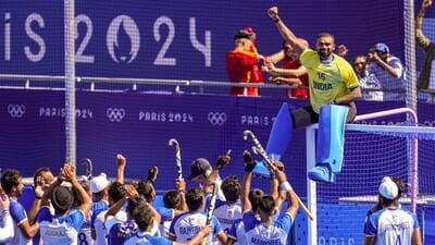 PR Sreejesh celebrates with teammates after India won the men's hockey bronze medal match at the 2024 Paris Olympics. (PTI) PR Sreejesh celebrates with teammates after India won the men's hockey bronze medal match at the 2024 Paris Olympics. (PTI)