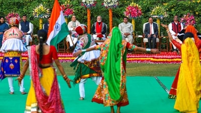 Prime Minister Narendra Modi witnesses a dance performance during an interaction with NCC cadets, NSS volunteers, tribal guests and tableaux artists participating in the Republic Day Parade 2025, at his residence in New Delhi (PTI) Prime Minister Narendra Modi witnesses a dance performance during an interaction with NCC cadets, NSS volunteers, tribal guests and tableaux artists participating in the Republic Day Parade 2025, at his residence in New Delhi (PTI)