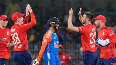 If India's spinners did the job for them, England's pacers did the same in the first 10 overs. Mark Wood and Jofra Archer dismissed dangerous openers Abhishek Sharma and Sanju Samson respectively in the second and fourth overs of the Indian innings. (PTI) If India's spinners did the job for them, England's pacers did the same in the first 10 overs. Mark Wood and Jofra Archer dismissed dangerous openers Abhishek Sharma and Sanju Samson respectively in the second and fourth overs of the Indian innings. (PTI)