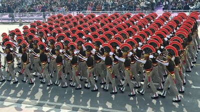 Delhi Police Contingent during the full dress rehearsal for the Republic Day Parade 2025 at the Kartavya Path in New Delhi, India. (Hindustan Times/Arvind Yadav) Delhi Police Contingent during the full dress rehearsal for the Republic Day Parade 2025 at the Kartavya Path in New Delhi, India. (Hindustan Times/Arvind Yadav)