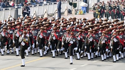 Republic Day Parade displays India's cultural legacy and military prowess via the tableaux and coordinated marches by contingents. In pic: Assam Rifles Contingent during the full dress rehearsal for the Republic Day Parade 2025 at the Kartavya Path in New Delhi, India. (Hindustan Times/Arvind Yadav) Republic Day Parade displays India's cultural legacy and military prowess via the tableaux and coordinated marches by contingents. In pic: Assam Rifles Contingent during the full dress rehearsal for the Republic Day Parade 2025 at the Kartavya Path in New Delhi, India. (Hindustan Times/Arvind Yadav)