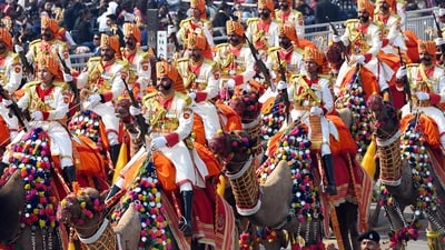 Every year on January 26, India celebrates Republic Day, which commemorates the adoption of the Indian Constitution on this day in 1950. The country will mark its 76th Republic Day in 2025. In pic: Border Security Force (BSF) Camel Contingent during full dress rehearsal for Republic Day parade 2025, at Kartavya Path in New Delhi, India. (Hindustan Times/Arvind Yadav) Every year on January 26, India celebrates Republic Day, which commemorates the adoption of the Indian Constitution on this day in 1950. The country will mark its 76th Republic Day in 2025. In pic: Border Security Force (BSF) Camel Contingent during full dress rehearsal for Republic Day parade 2025, at Kartavya Path in New Delhi, India. (Hindustan Times/Arvind Yadav)