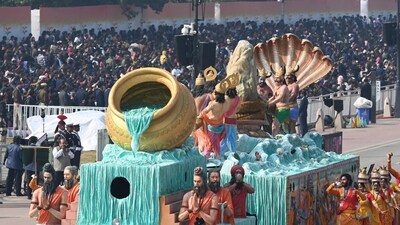 Uttar Pradesh state's tableaux during full dress rehearsal for Republic Day parade 2025, at Kartavya Path in New Delhi, India, on Thursday, January 23, 2025. (Hindustan Times) Uttar Pradesh state's tableaux during full dress rehearsal for Republic Day parade 2025, at Kartavya Path in New Delhi, India, on Thursday, January 23, 2025. (Hindustan Times)