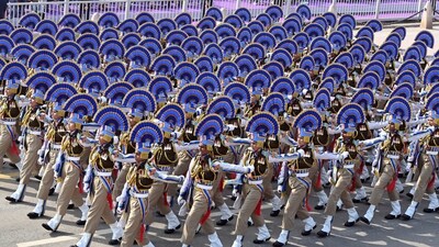 All-Women CRPF Marching contingent during full dress rehearsal for Republic Day parade 2025, at Kartavya Path in New Delhi, India. (Hindustan Times/Arvind Yadav) All-Women CRPF Marching contingent during full dress rehearsal for Republic Day parade 2025, at Kartavya Path in New Delhi, India. (Hindustan Times/Arvind Yadav)