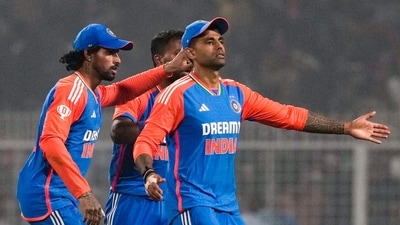 India's captain Suryakumar Yadav, right, Tilak Varma, left, and Hardik Pandya, back center, after the end of the first innings during the first T20I cricket match of a series between India and England. (PTI) India's captain Suryakumar Yadav, right, Tilak Varma, left, and Hardik Pandya, back center, after the end of the first innings during the first T20I cricket match of a series between India and England. (PTI)