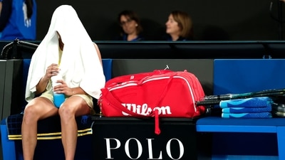 After the win, Sabalenka was devastated as she smashed her racquet and walked off before the closing ceremony. (AFP) After the win, Sabalenka was devastated as she smashed her racquet and walked off before the closing ceremony. (AFP)