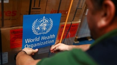 A World Health Organization (WHO) employee prepares humanitarian relief boxes ahead of flights sponsored by the International Humanitarian City (IHC) to Turkey and Syria which were devastated by an earthquake, in Dubai, United Arab Emirates. (REUTERS)