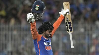 Tilak Varma celebrates after hitting the winnings runs in the second T20I against England, in Chennai on Saturday. (AP) Tilak Varma celebrates after hitting the winnings runs in the second T20I against England, in Chennai on Saturday. (AP)