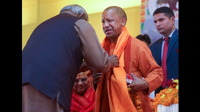 Uttar Pradesh Chief Minister Yogi Adityanath being felicitated during ‘Sant Sammelan’ organised by Vishva Hindu Parishad (VHP) at its pandal at the ongoing the ‘Maha Kumbh Mela’ festival, in Prayagraj (PTI) Uttar Pradesh Chief Minister Yogi Adityanath being felicitated during ‘Sant Sammelan’ organised by Vishva Hindu Parishad (VHP) at its pandal at the ongoing the ‘Maha Kumbh Mela’ festival, in Prayagraj (PTI)