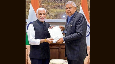 V Vijayasai Reddy submits his resignation to Rajya Sabha chairman Jagdeep Dhankhar in New Delhi on Saturday. (ANI) V Vijayasai Reddy submits his resignation to Rajya Sabha chairman Jagdeep Dhankhar in New Delhi on Saturday. (ANI)